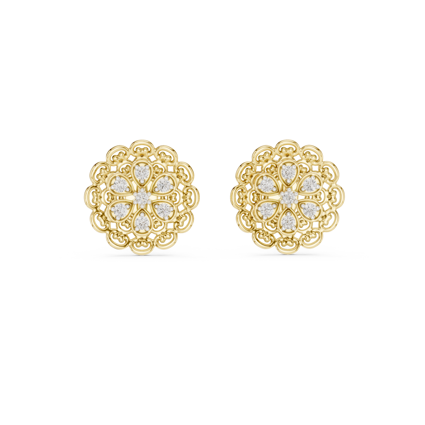 0.13ctw Yellow Gold Filigree Flower Mandala Stud Earrings with Diamond Cluster