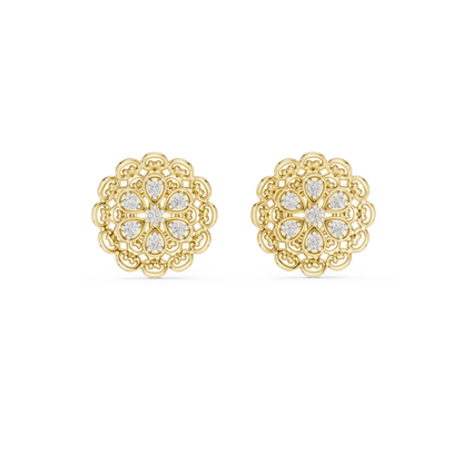 0.13ctw Yellow Gold Filigree Flower Mandala Stud Earrings with Diamond Cluster