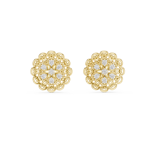 0.13ctw Yellow Gold Filigree Flower Mandala Stud Earrings with Diamond Cluster