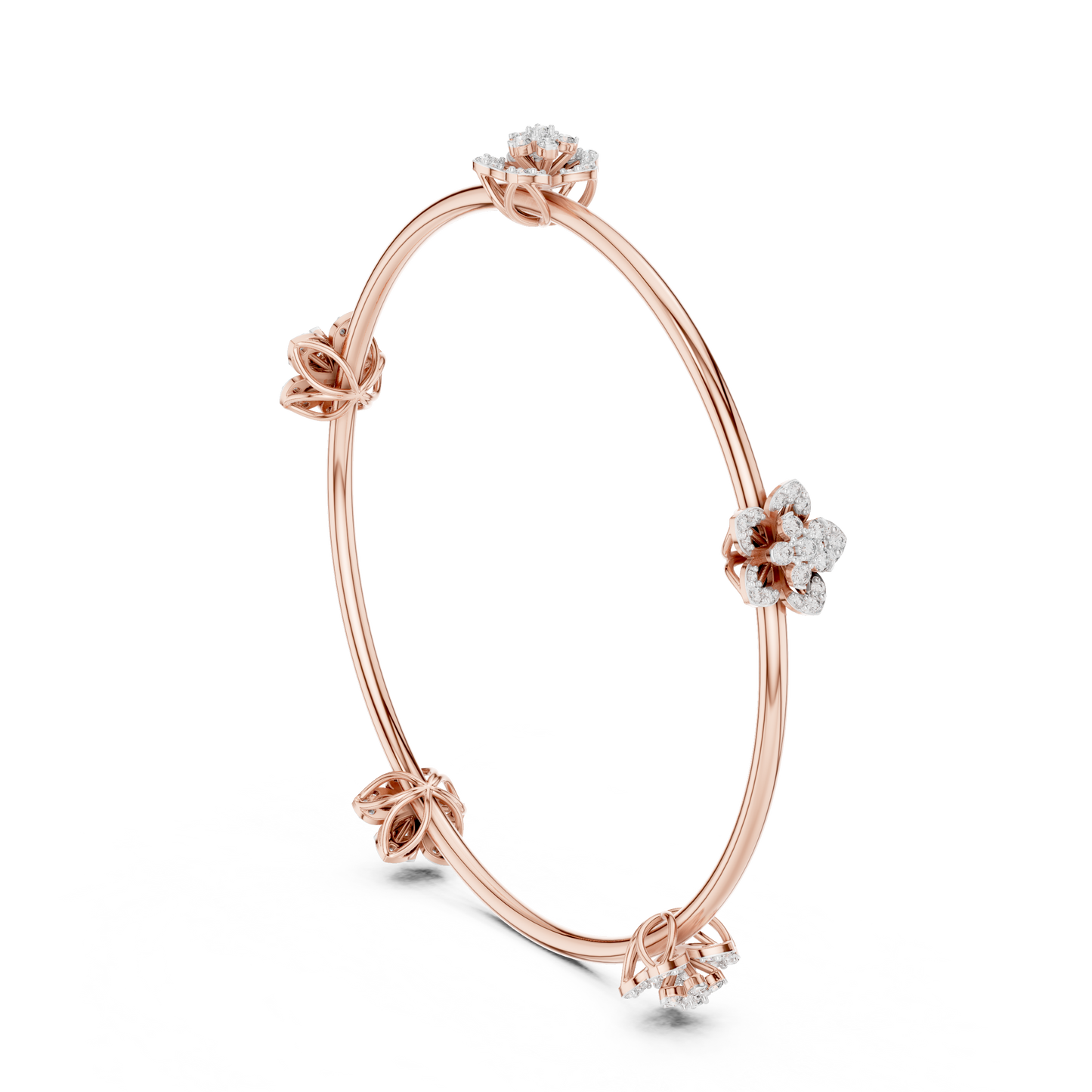 1.04CTW Five-Petal Flower Diamond Station Bangle - Yellow Gold