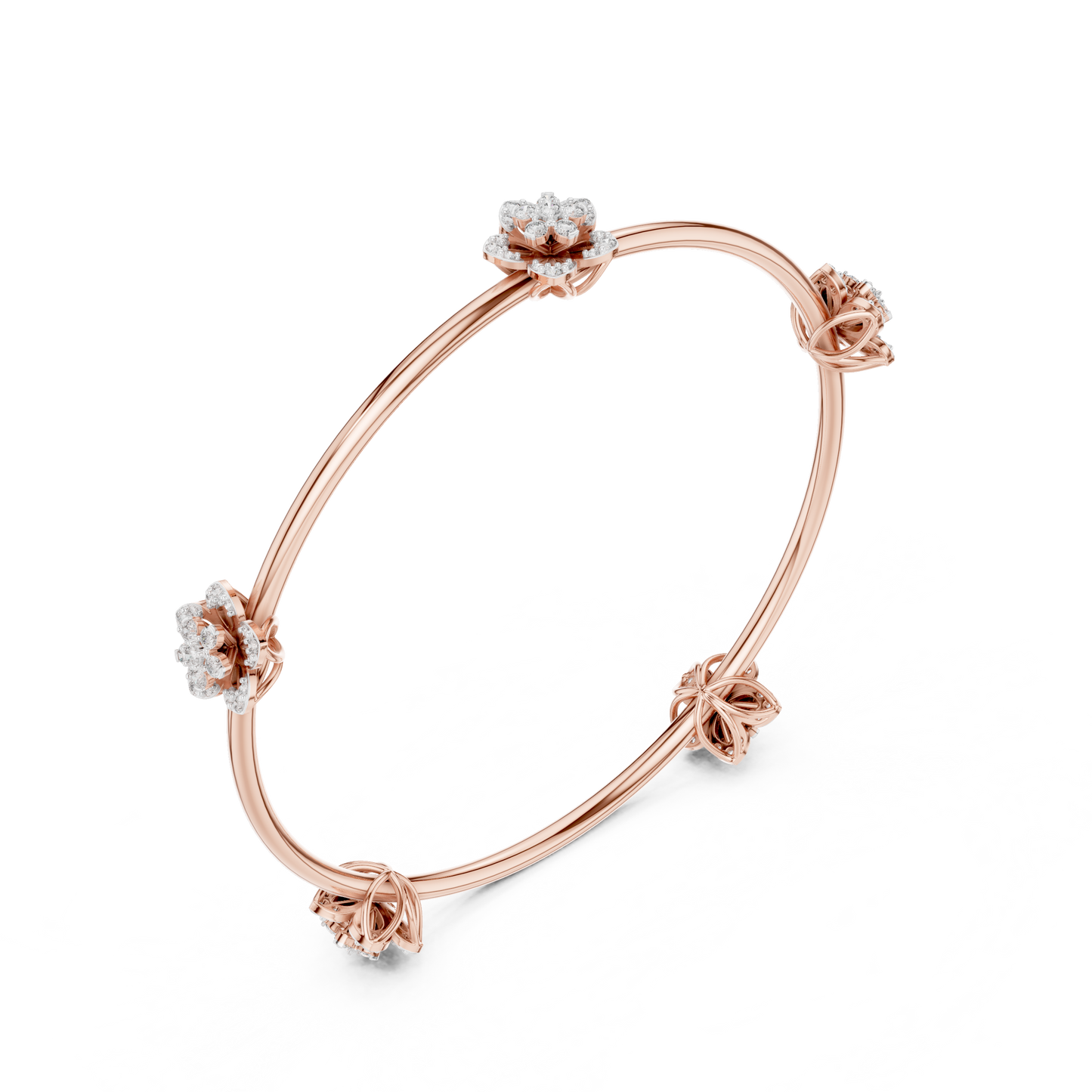 1.04CTW Five-Petal Flower Diamond Station Bangle - Yellow Gold