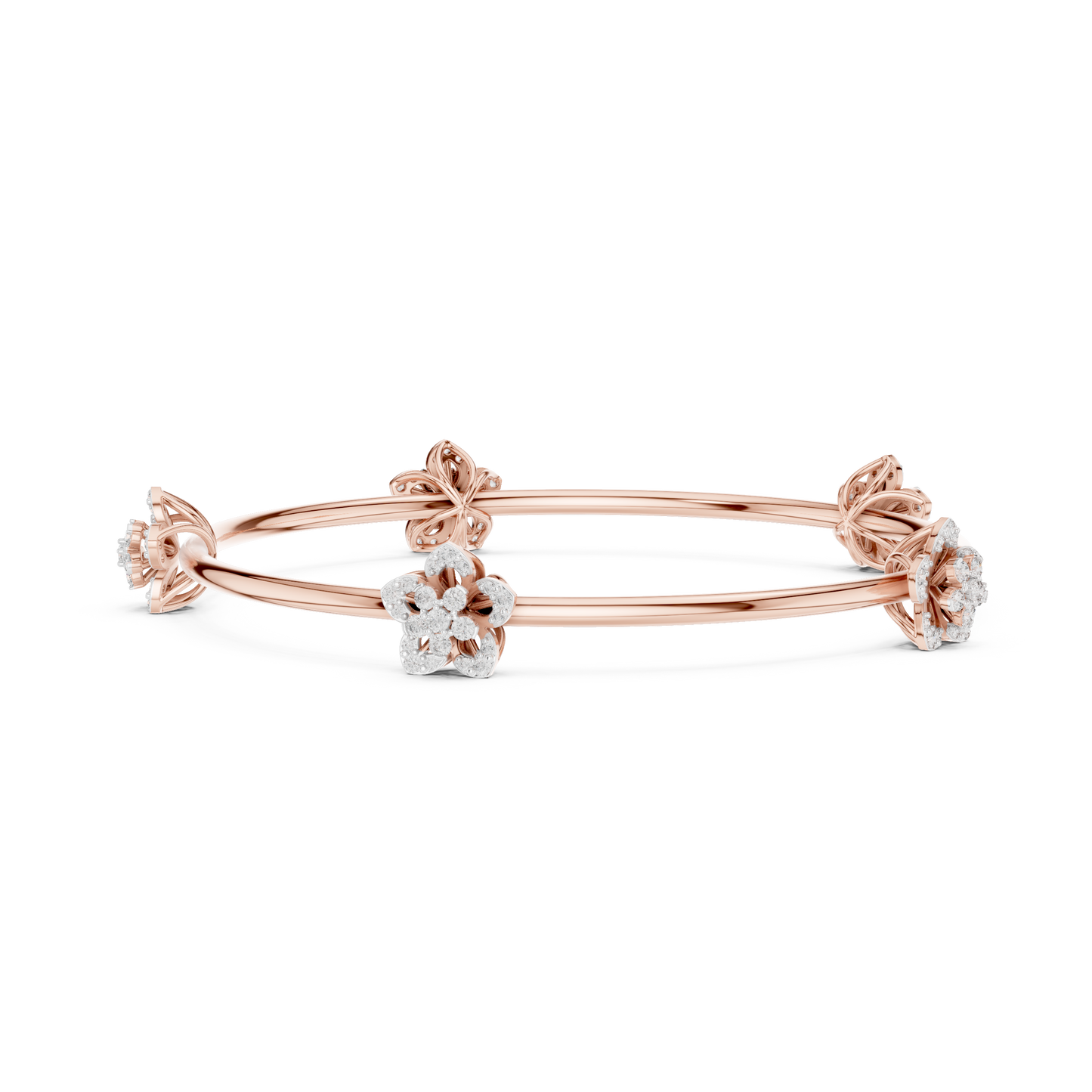 1.04CTW Five-Petal Flower Diamond Station Bangle - Yellow Gold