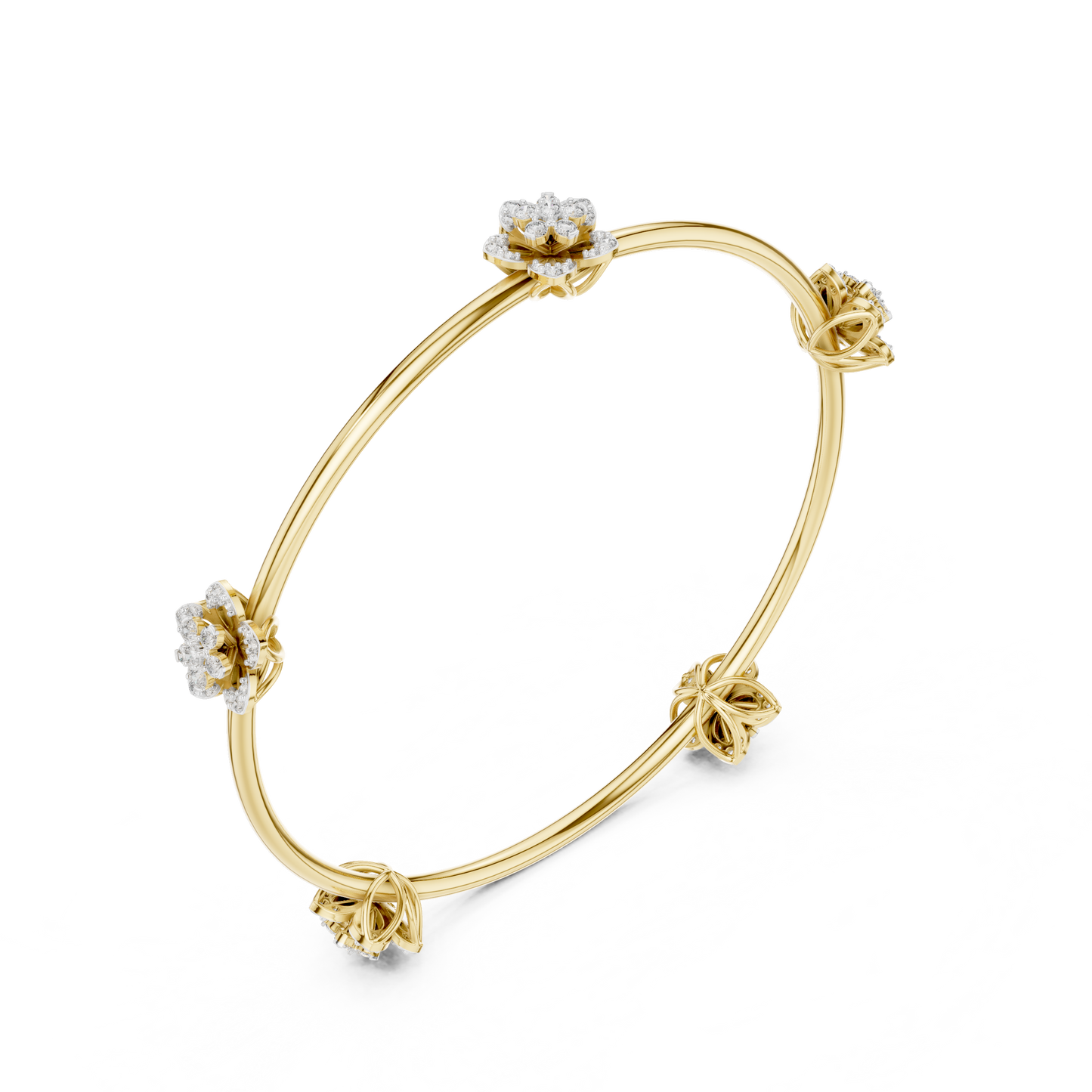 1.04CTW Five-Petal Flower Diamond Station Bangle - Yellow Gold