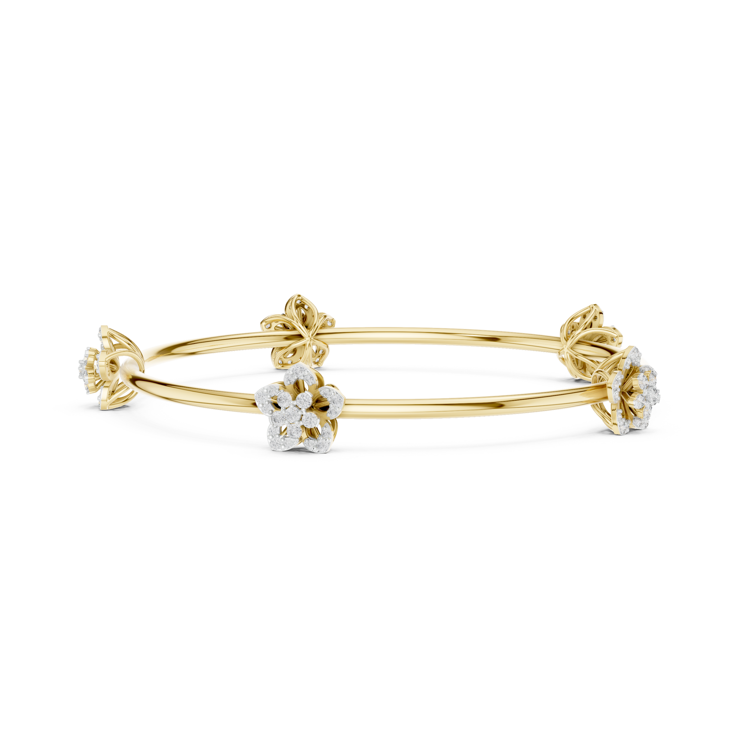 1.04CTW Five-Petal Flower Diamond Station Bangle - Yellow Gold