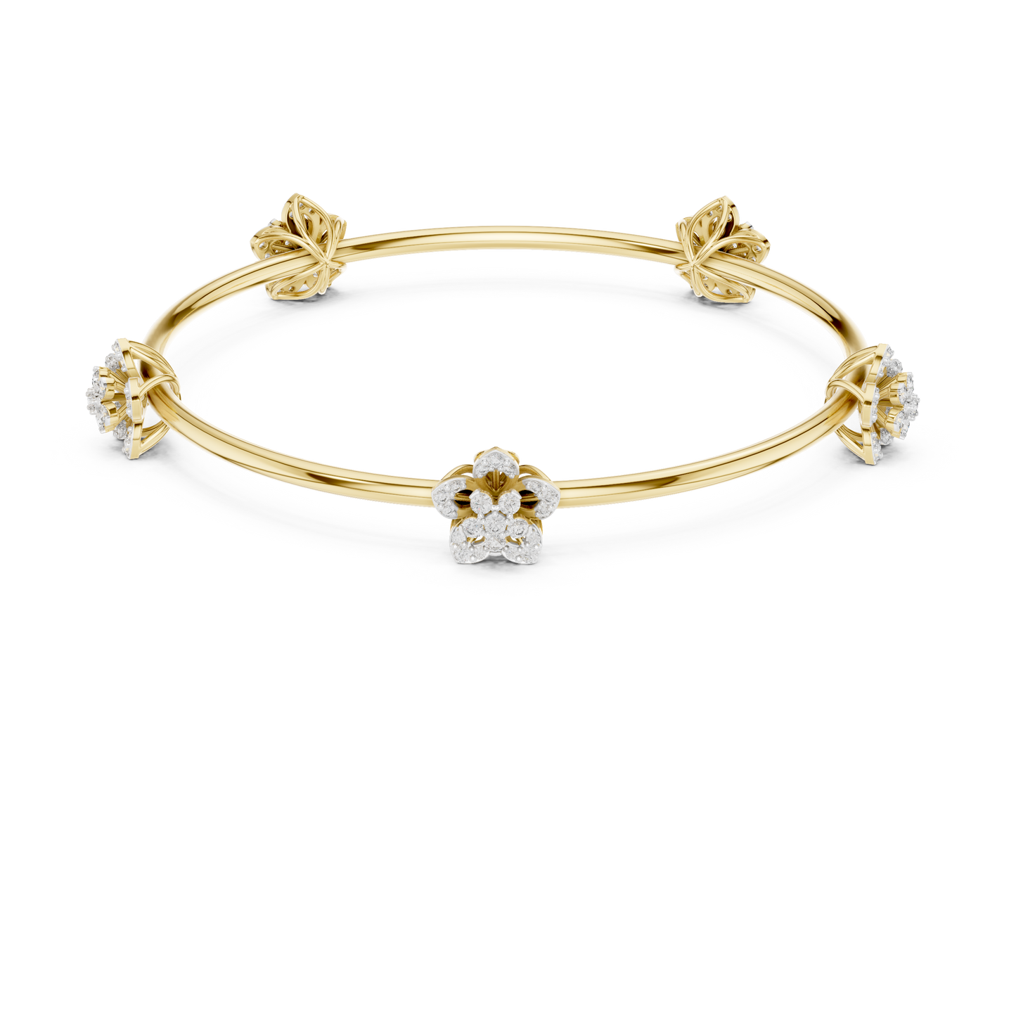 1.04CTW Five-Petal Flower Diamond Station Bangle - Yellow Gold
