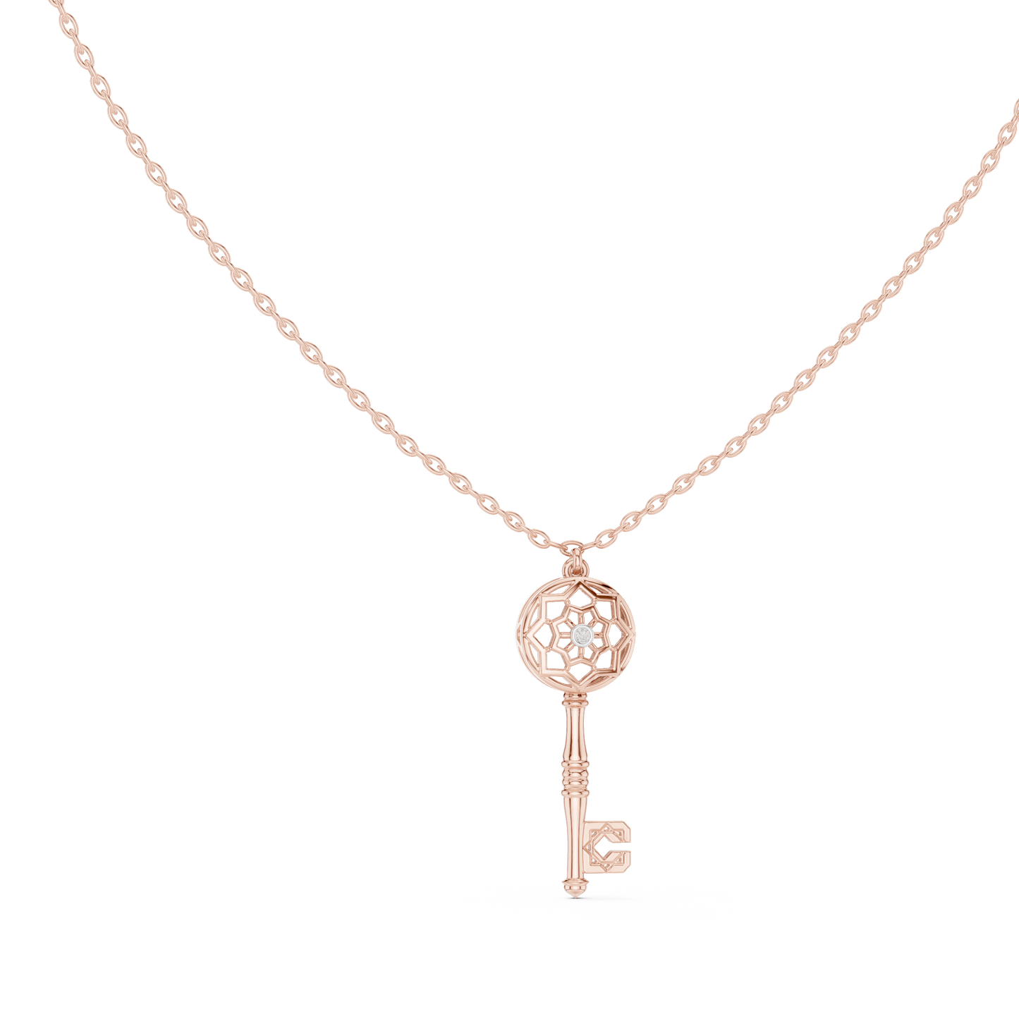 Filigree Lattice Key Pendant in Yellow Gold 0.08CTW Diamond Accent