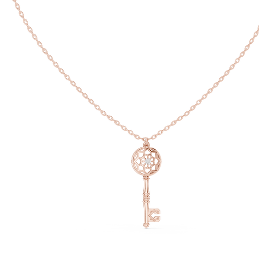 Filigree Lattice Key Pendant in Yellow Gold 0.08CTW Diamond Accent