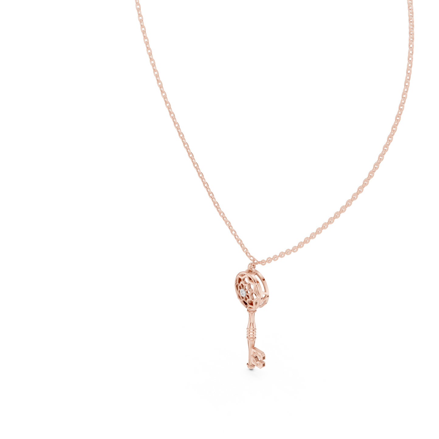 Filigree Lattice Key Pendant in Yellow Gold 0.08CTW Diamond Accent