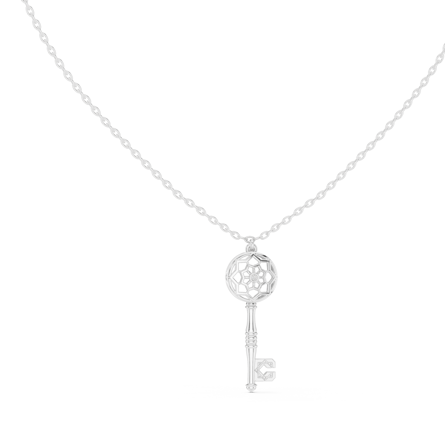 Filigree Lattice Key Pendant in Yellow Gold 0.08CTW Diamond Accent