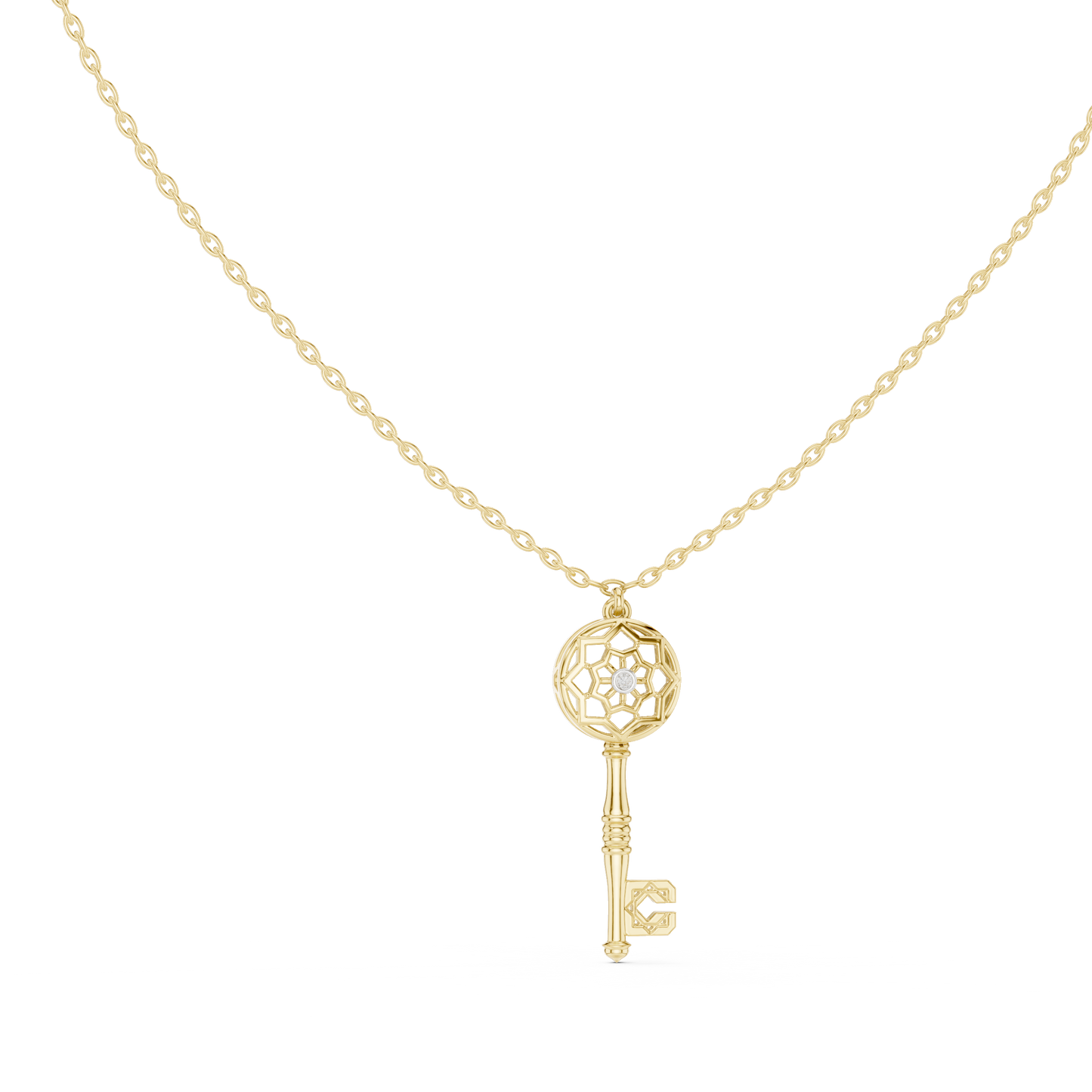 Filigree Lattice Key Pendant in Yellow Gold 0.08CTW Diamond Accent
