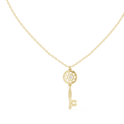 Filigree Lattice Key Pendant in Yellow Gold 0.08CTW Diamond Accent