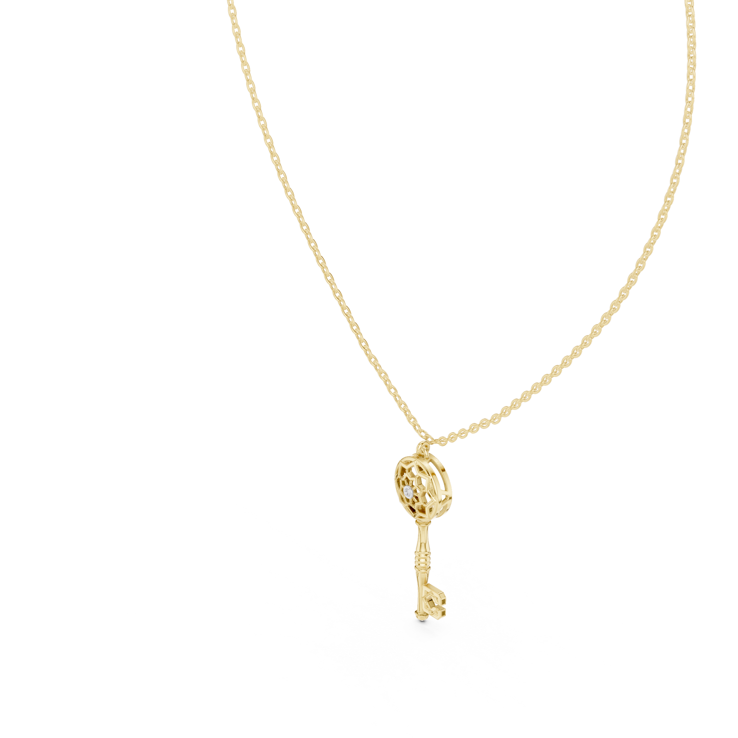 Filigree Lattice Key Pendant in Yellow Gold 0.08CTW Diamond Accent
