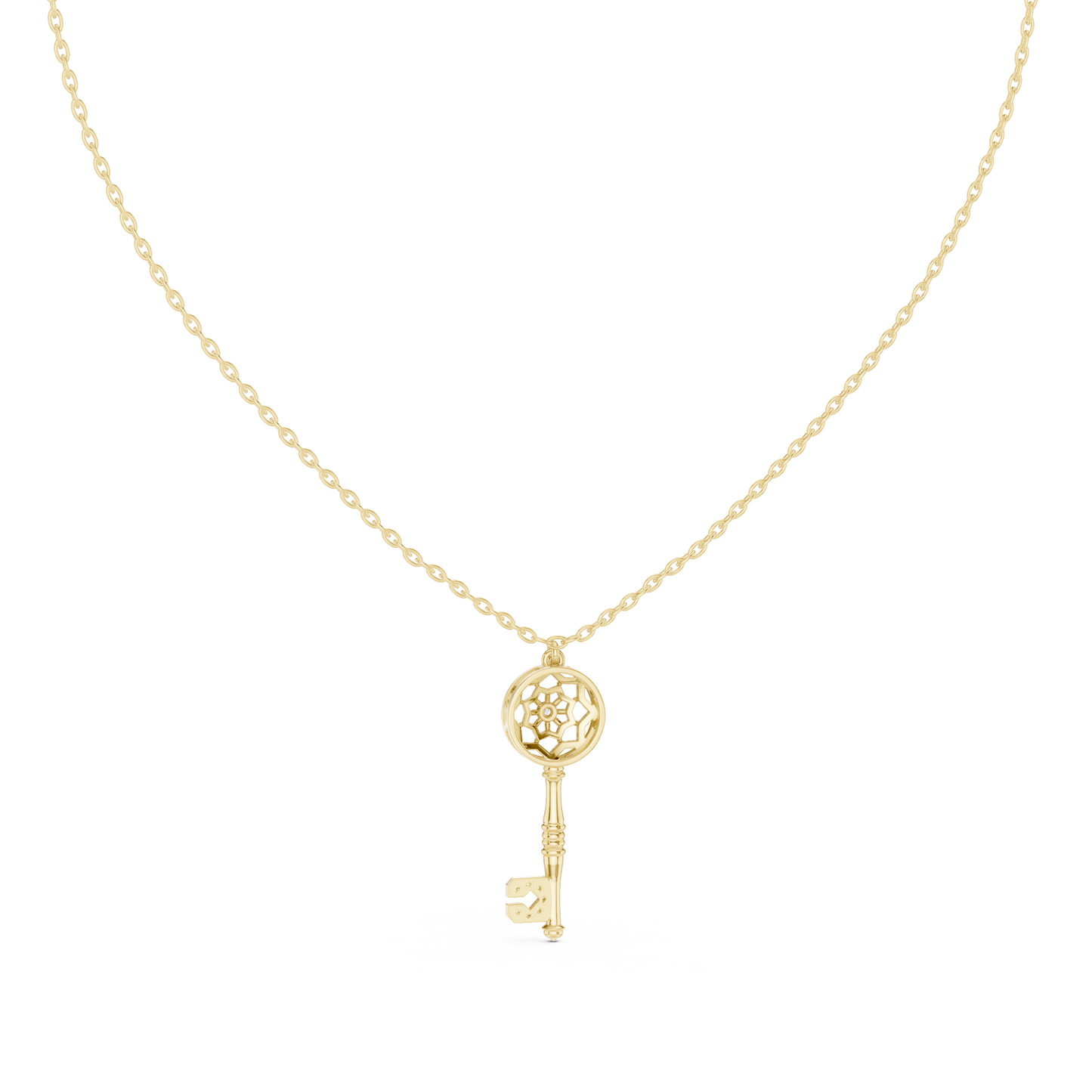 Filigree Lattice Key Pendant in Yellow Gold 0.08CTW Diamond Accent