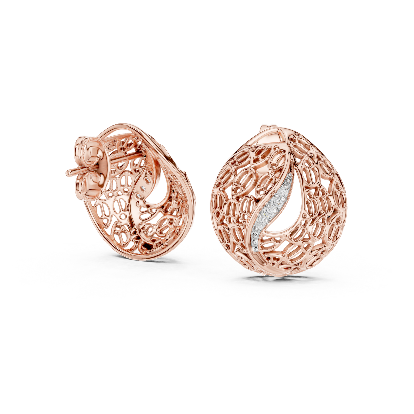 0.06ctw Gold Lattice Mesh Stud Earrings with Pave Diamond Accent Wave