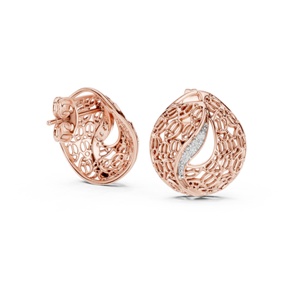 0.06ctw Gold Lattice Mesh Stud Earrings with Pave Diamond Accent Wave
