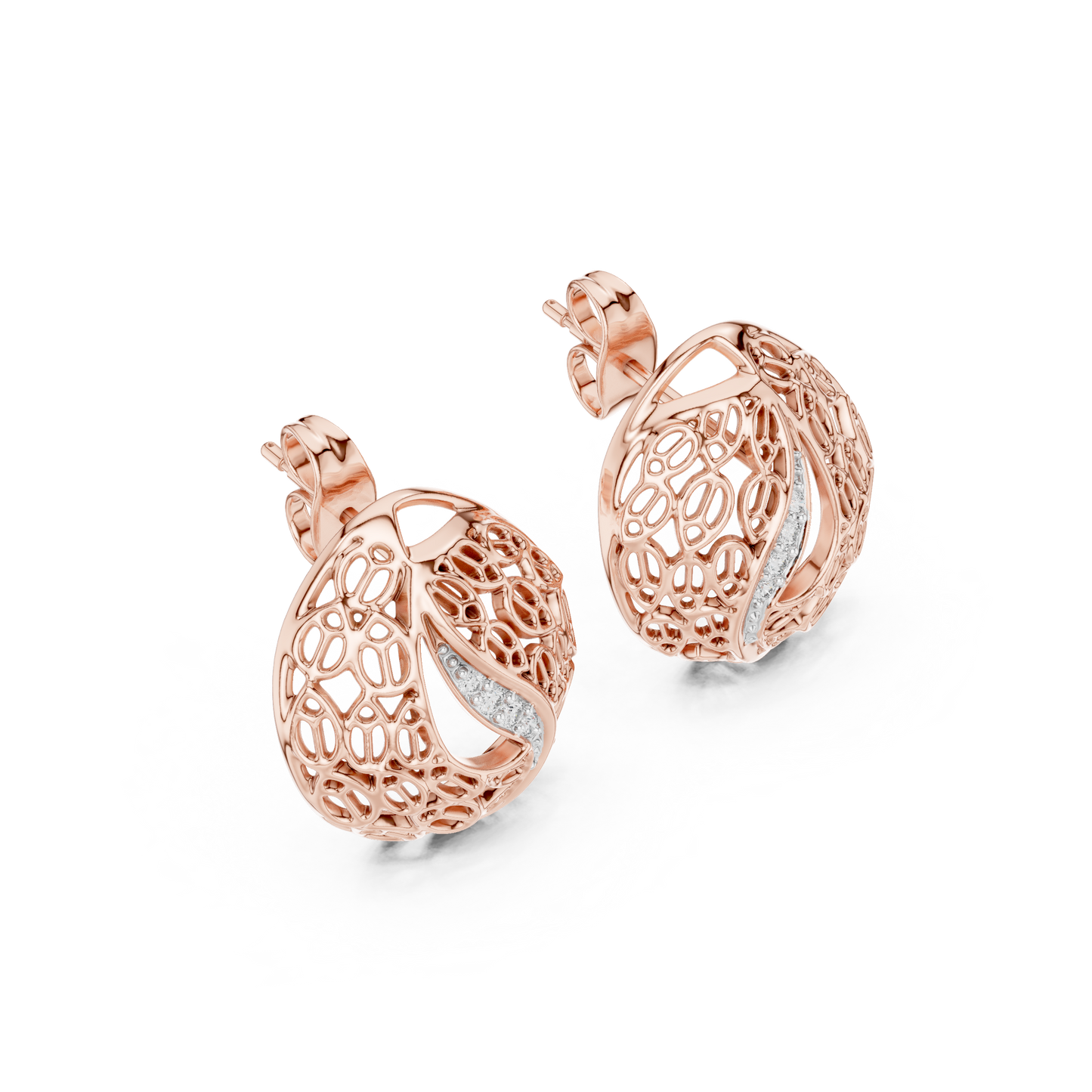 0.06ctw Gold Lattice Mesh Stud Earrings with Pave Diamond Accent Wave