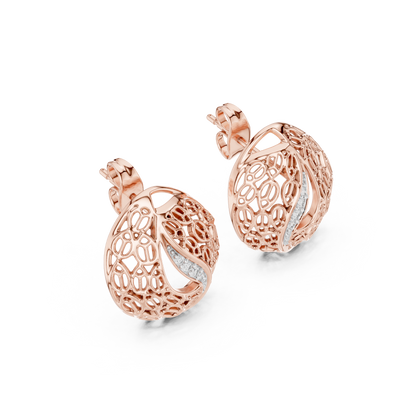 0.06ctw Gold Lattice Mesh Stud Earrings with Pave Diamond Accent Wave
