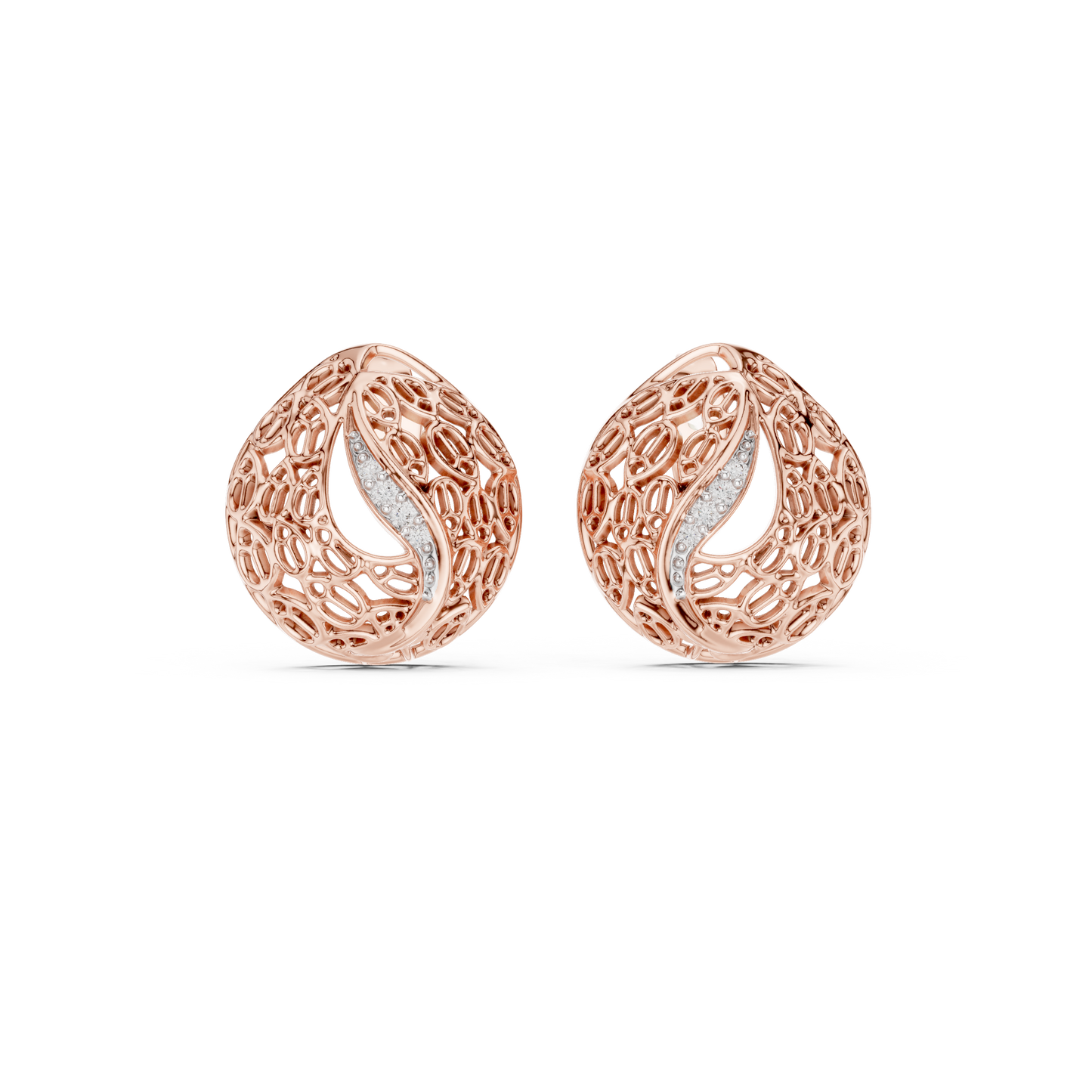 0.06ctw Gold Lattice Mesh Stud Earrings with Pave Diamond Accent Wave