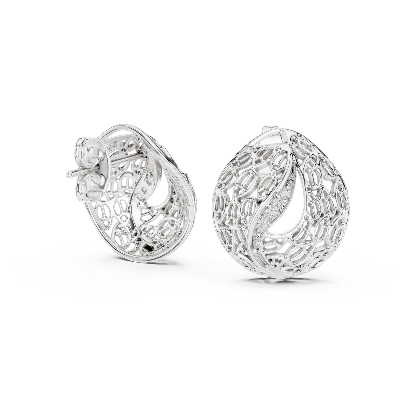 0.06ctw Gold Lattice Mesh Stud Earrings with Pave Diamond Accent Wave