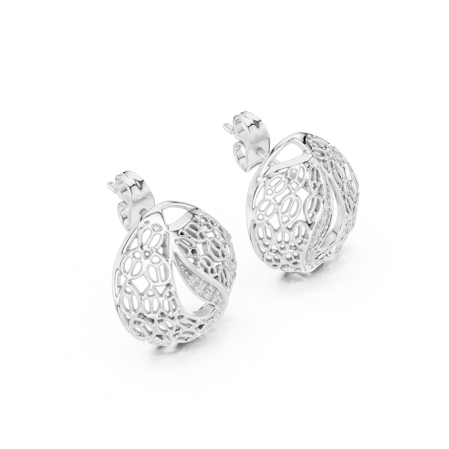 0.06ctw Gold Lattice Mesh Stud Earrings with Pave Diamond Accent Wave