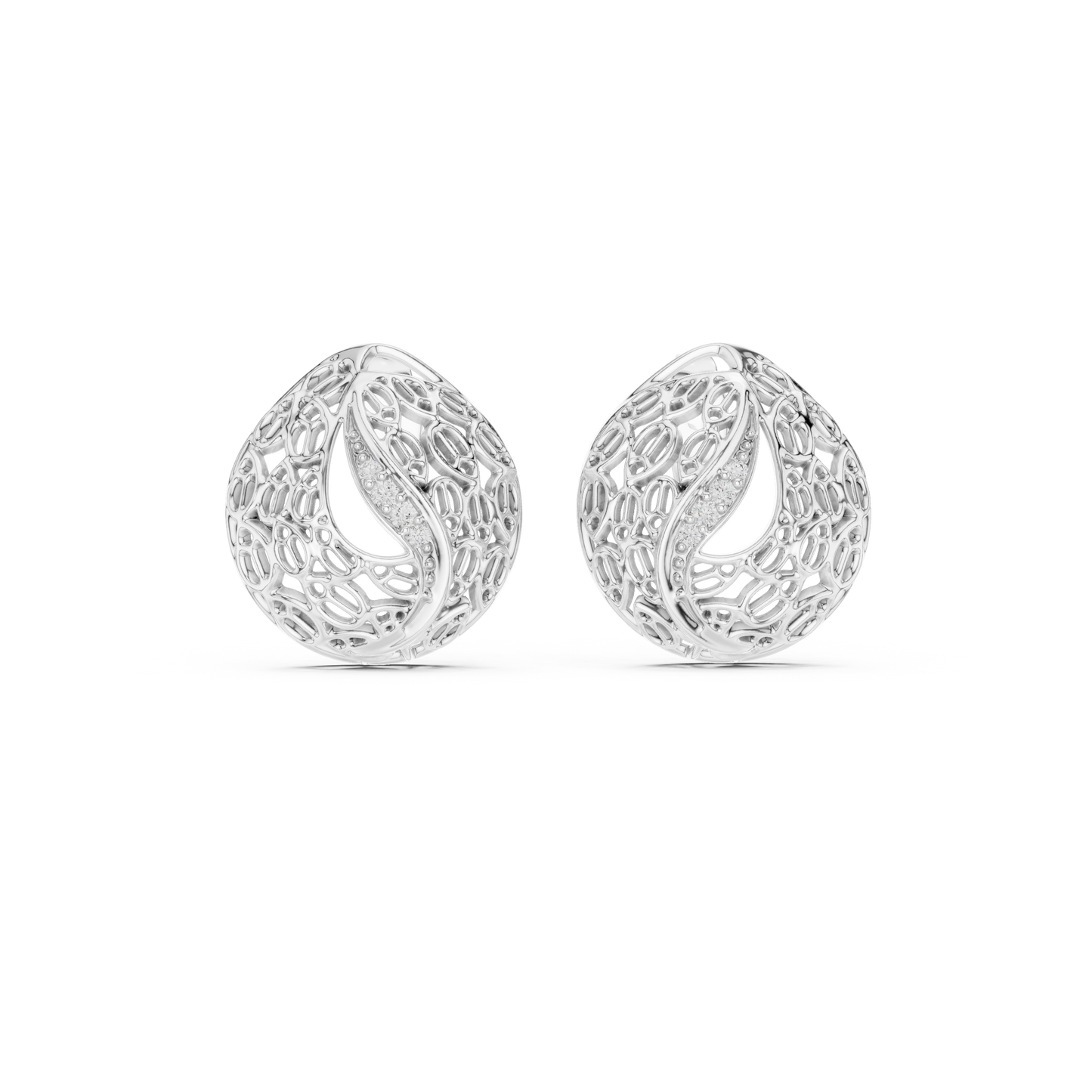 0.06ctw Gold Lattice Mesh Stud Earrings with Pave Diamond Accent Wave