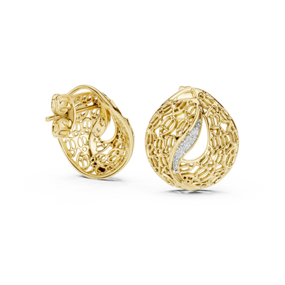 0.06ctw Gold Lattice Mesh Stud Earrings with Pave Diamond Accent Wave