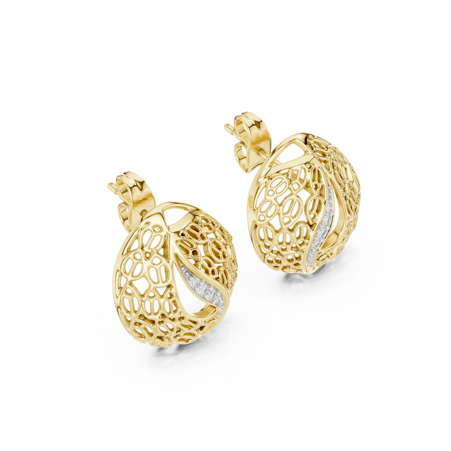 0.06ctw Gold Lattice Mesh Stud Earrings with Pave Diamond Accent Wave