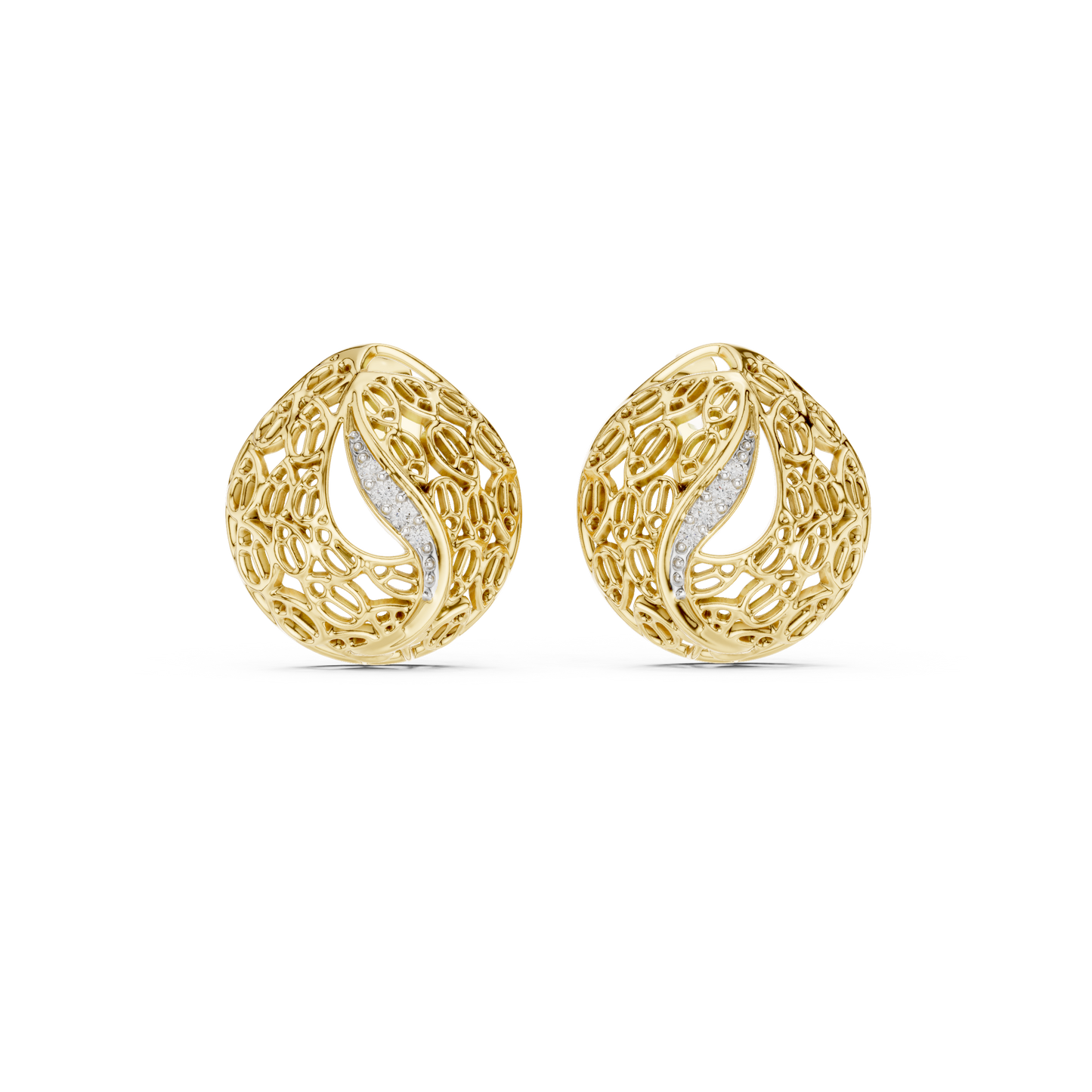 0.06ctw Gold Lattice Mesh Stud Earrings with Pave Diamond Accent Wave