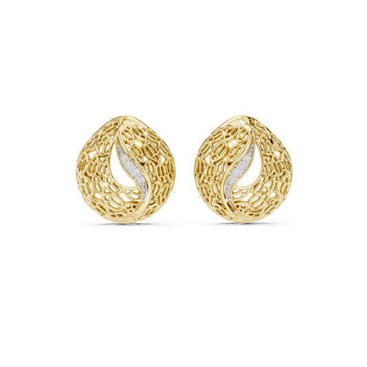 0.06ctw Gold Lattice Mesh Stud Earrings with Pave Diamond Accent Wave