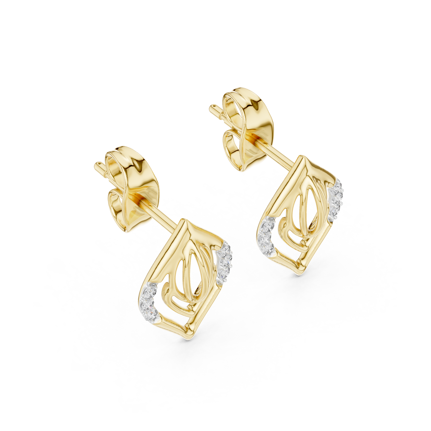 0.06ctw Yellow Gold Geometric Leaf Diamond Dangle Drop Earrings