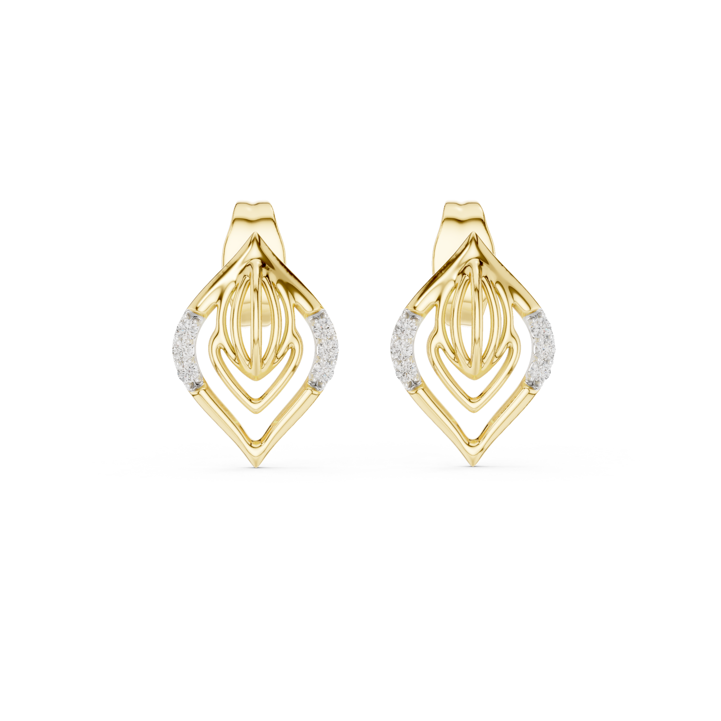 0.06ctw Yellow Gold Geometric Leaf Diamond Dangle Drop Earrings