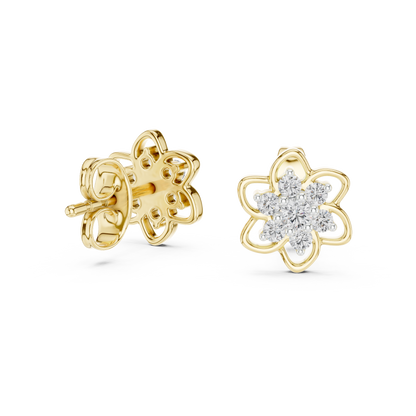 Yellow Gold Round Diamond Flower Cluster Stud Earrings - 0.17ctw