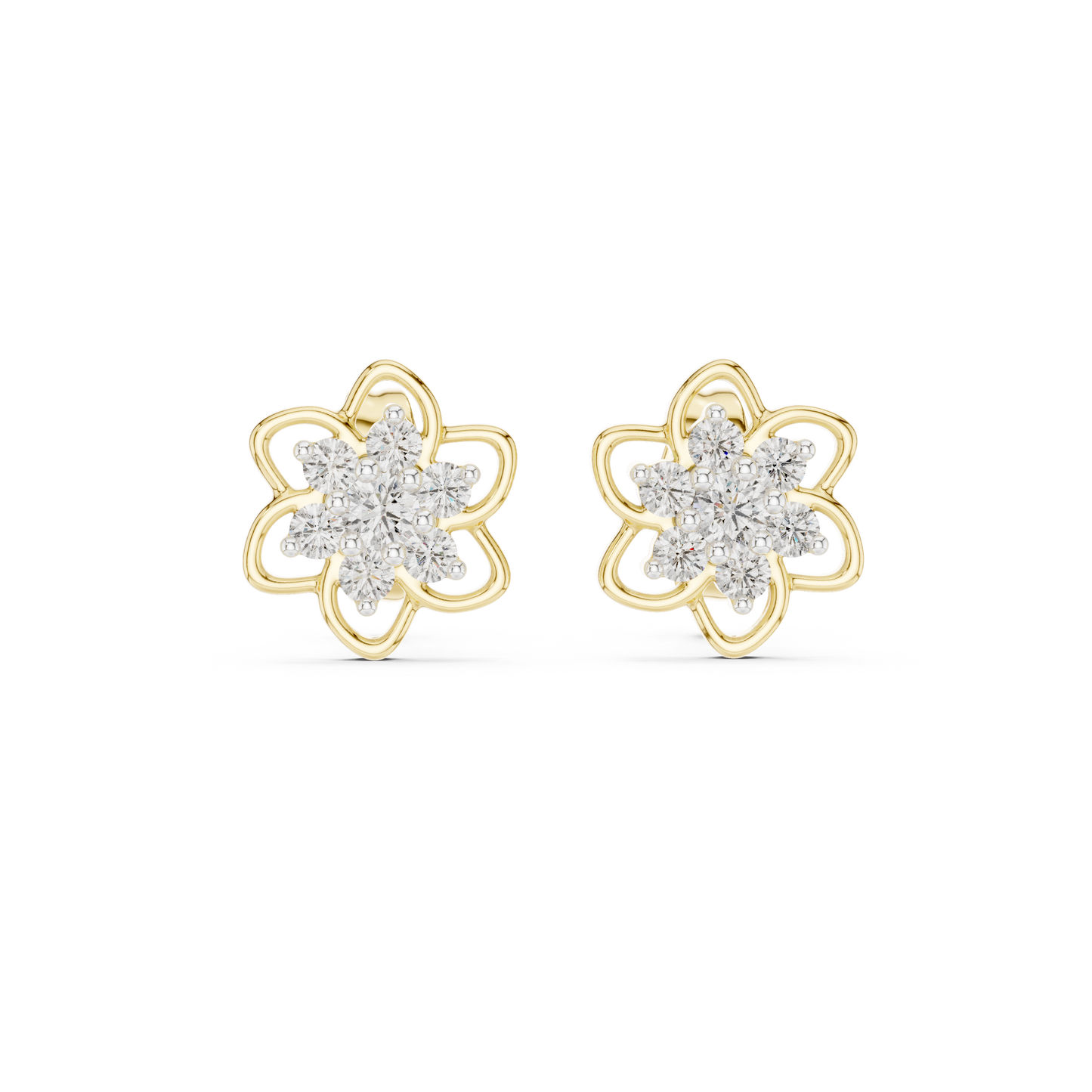 Yellow Gold Round Diamond Flower Cluster Stud Earrings - 0.17ctw