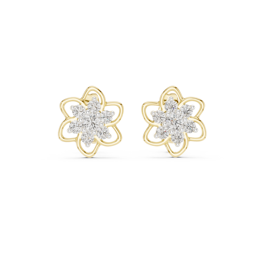 Yellow Gold Round Diamond Flower Cluster Stud Earrings - 0.17ctw