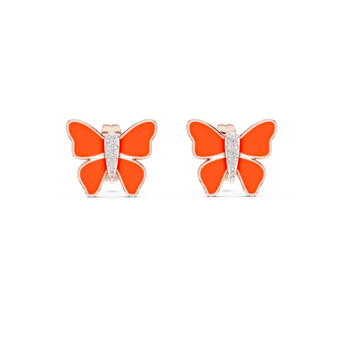 Yellow Gold & Orange Enamel Butterfly Studs with Diamond Accents