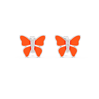 Yellow Gold & Orange Enamel Butterfly Studs with Diamond Accents