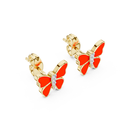 Yellow Gold & Orange Enamel Butterfly Studs with Diamond Accents