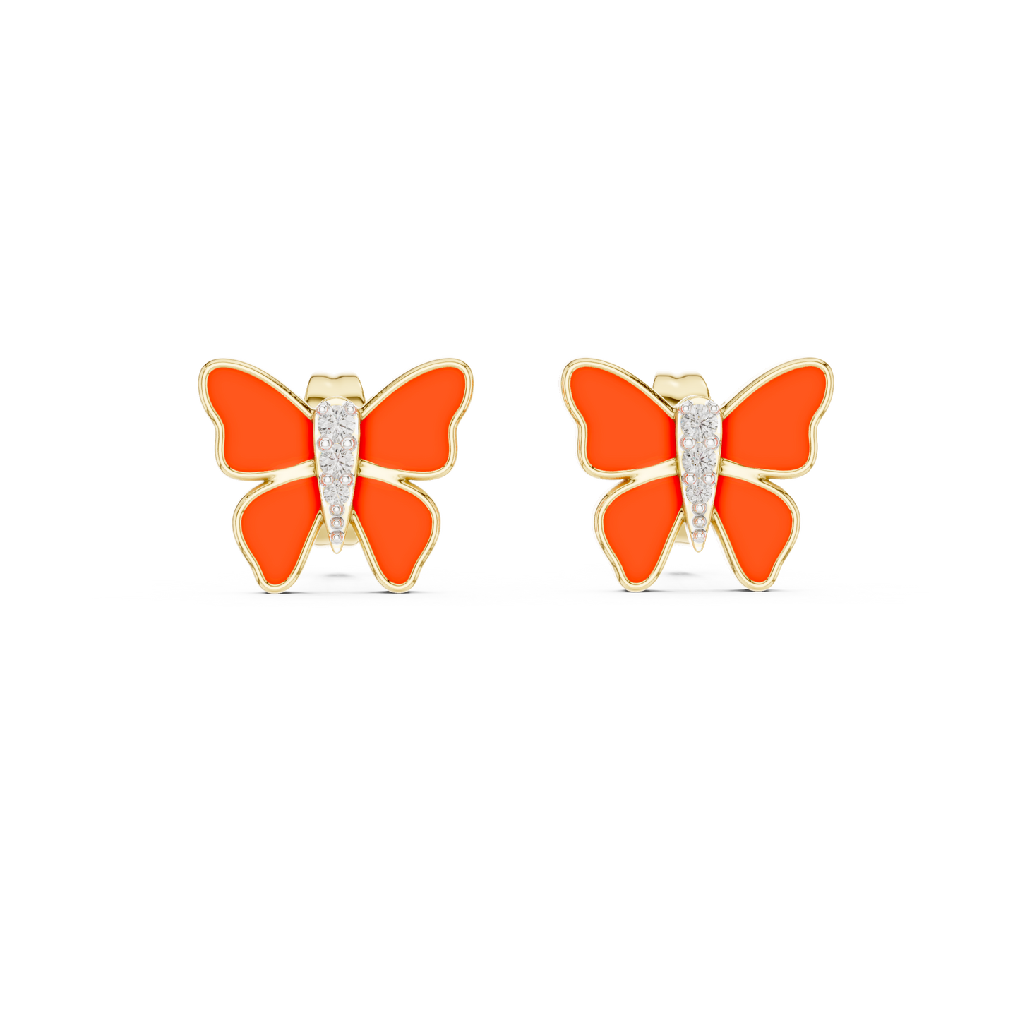 Yellow Gold & Orange Enamel Butterfly Studs with Diamond Accents