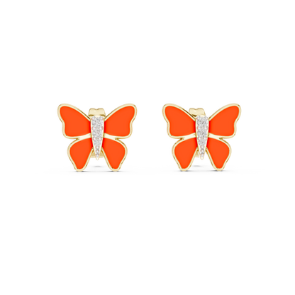 Yellow Gold & Orange Enamel Butterfly Studs with Diamond Accents