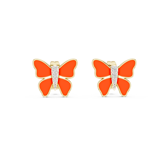 Yellow Gold & Orange Enamel Butterfly Studs with Diamond Accents