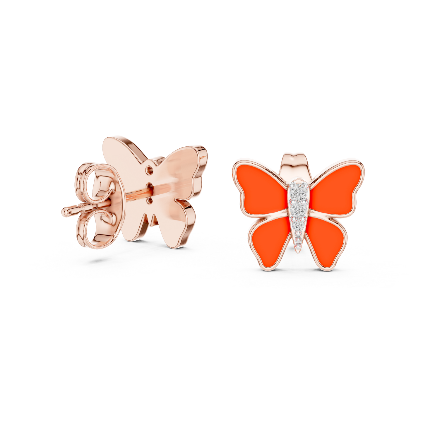 Yellow Gold & Orange Enamel Butterfly Studs with Diamond Accents