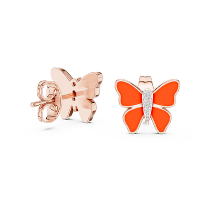 Yellow Gold & Orange Enamel Butterfly Studs with Diamond Accents