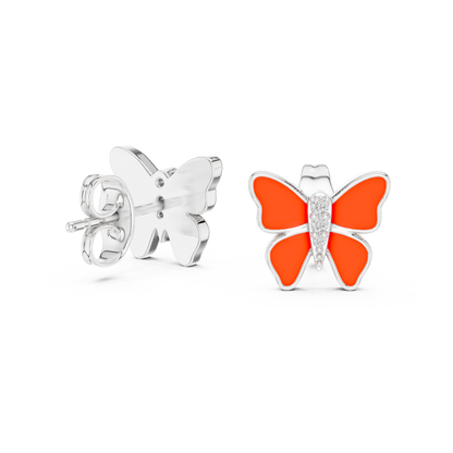 Yellow Gold & Orange Enamel Butterfly Studs with Diamond Accents