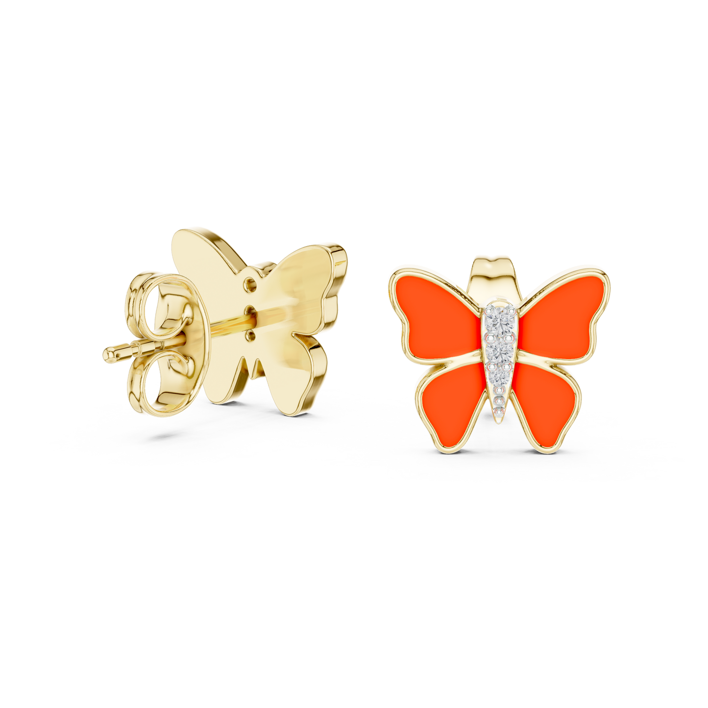 Yellow Gold & Orange Enamel Butterfly Studs with Diamond Accents