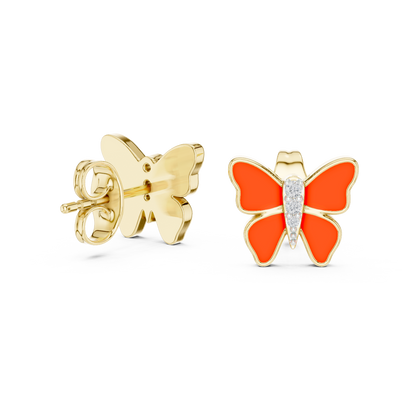 Yellow Gold & Orange Enamel Butterfly Studs with Diamond Accents