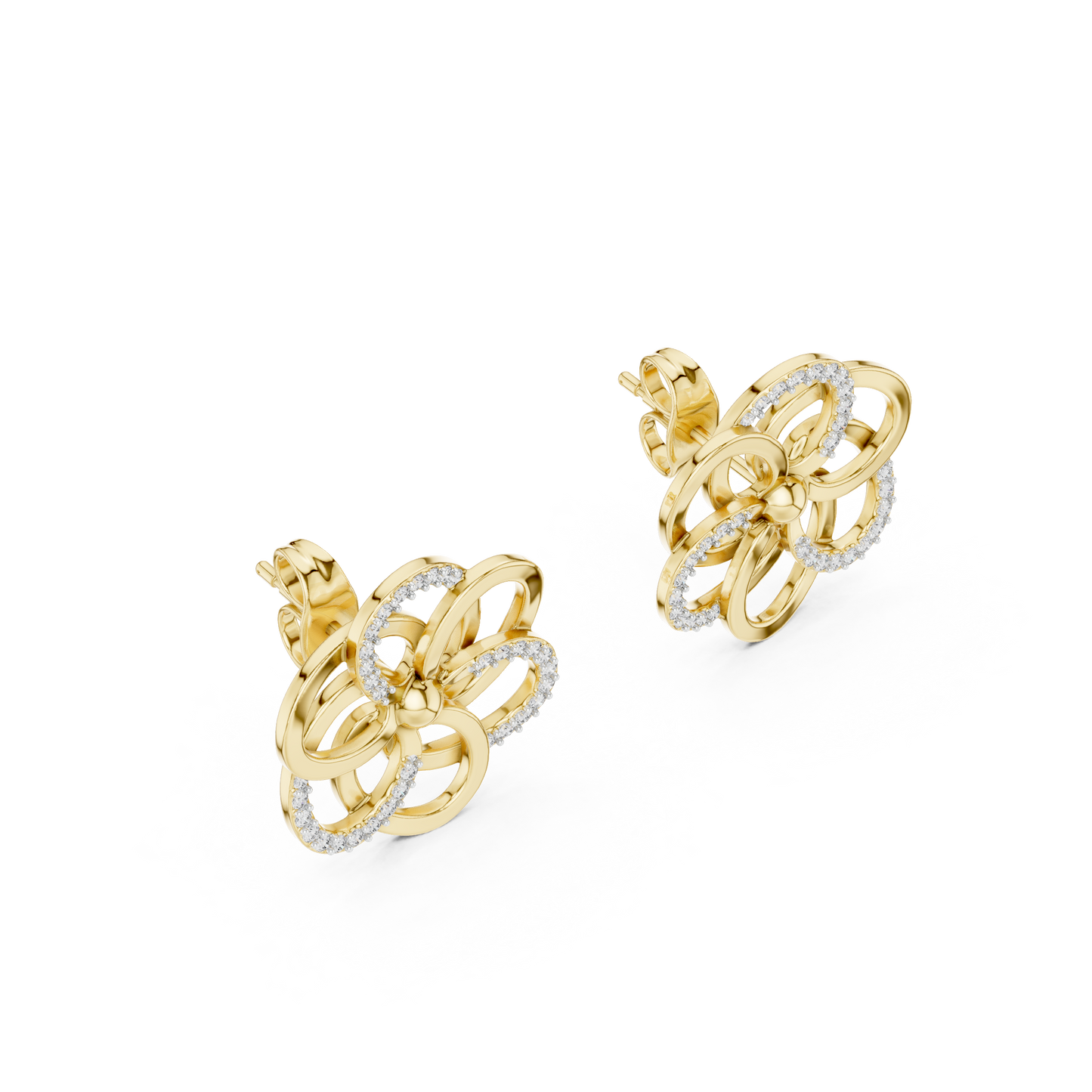 Yellow Gold Multi-Loop Diamond Flower Statement Stud Earrings - 0.26ctw