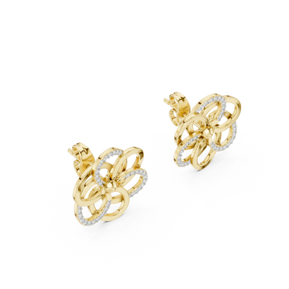Yellow Gold Multi-Loop Diamond Flower Statement Stud Earrings - 0.26ctw