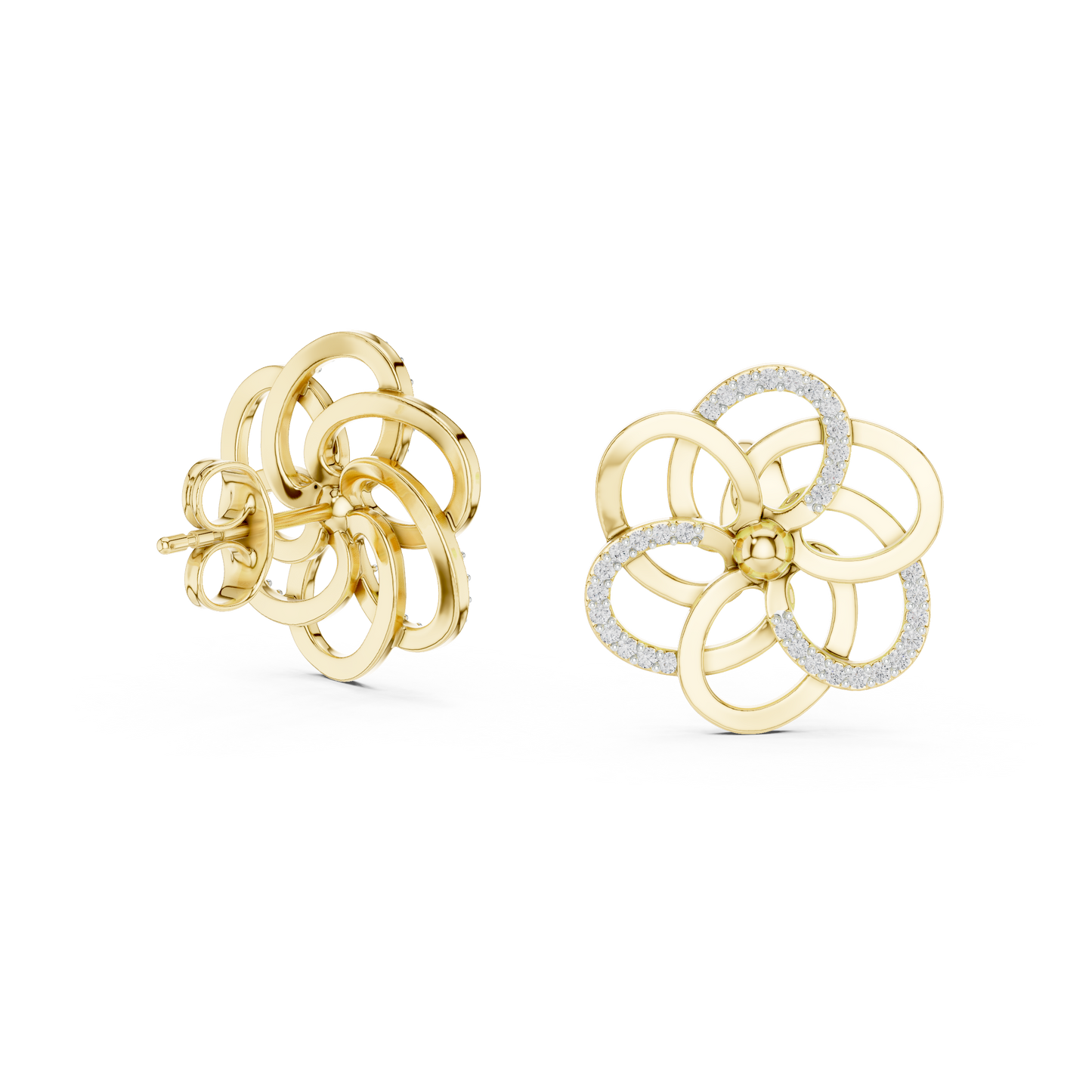 Yellow Gold Multi-Loop Diamond Flower Statement Stud Earrings - 0.26ctw