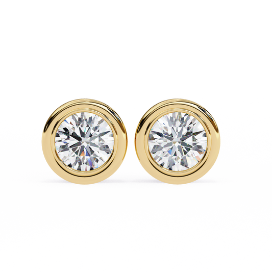 Yellow Gold Bezel Set Round Cut Diamond Solitaire Stud Earrings - 2.57 Carat