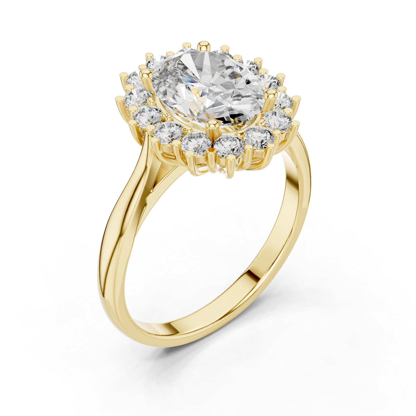 2.56CTW Oval Cut Diamond Sunburst Halo Engagement Ring in Yellow Gold